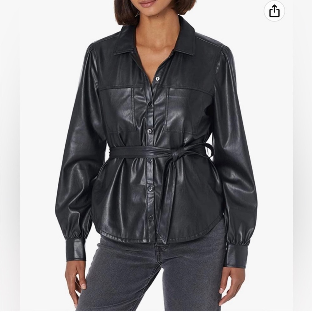 PAIGE Black Vegan Leather Belted Shirt L